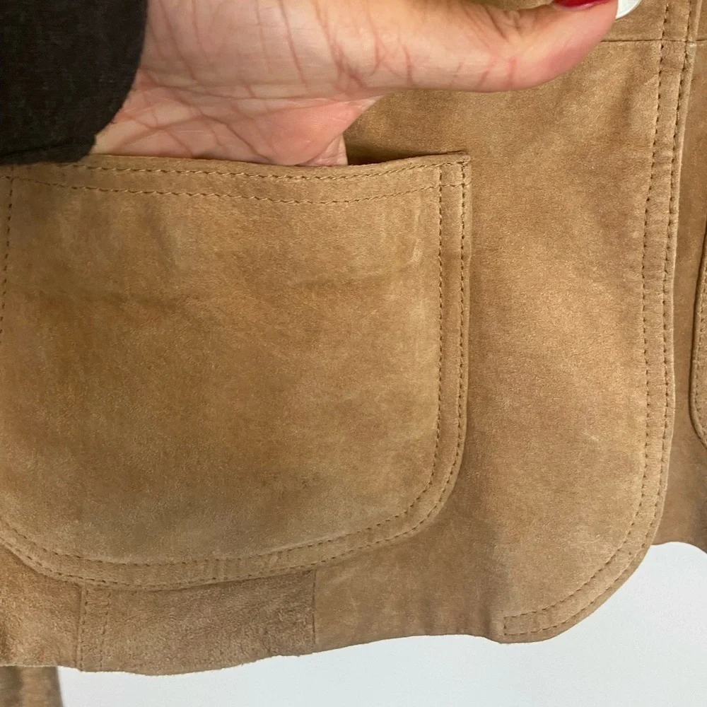 New York & Company Suede Leather Blazer Jacket 10‎ Tan Front Pockets Y2K Preppy